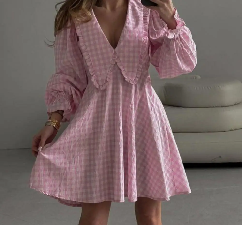 

Summer Temperament Plaid Butterfly Collar Dress Fashion Long Sleeve High Waist A-Line Dresses Women's Casual Commuting Robes