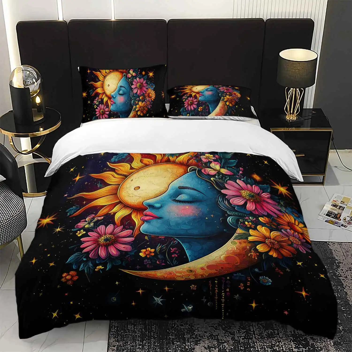 

3pcs Celestial Sun Moon Floral Bedding Duvet Cover Set Bohemian Sun Moon Bedding Set Bohemian Themed Bed Quilt Set Starry Night