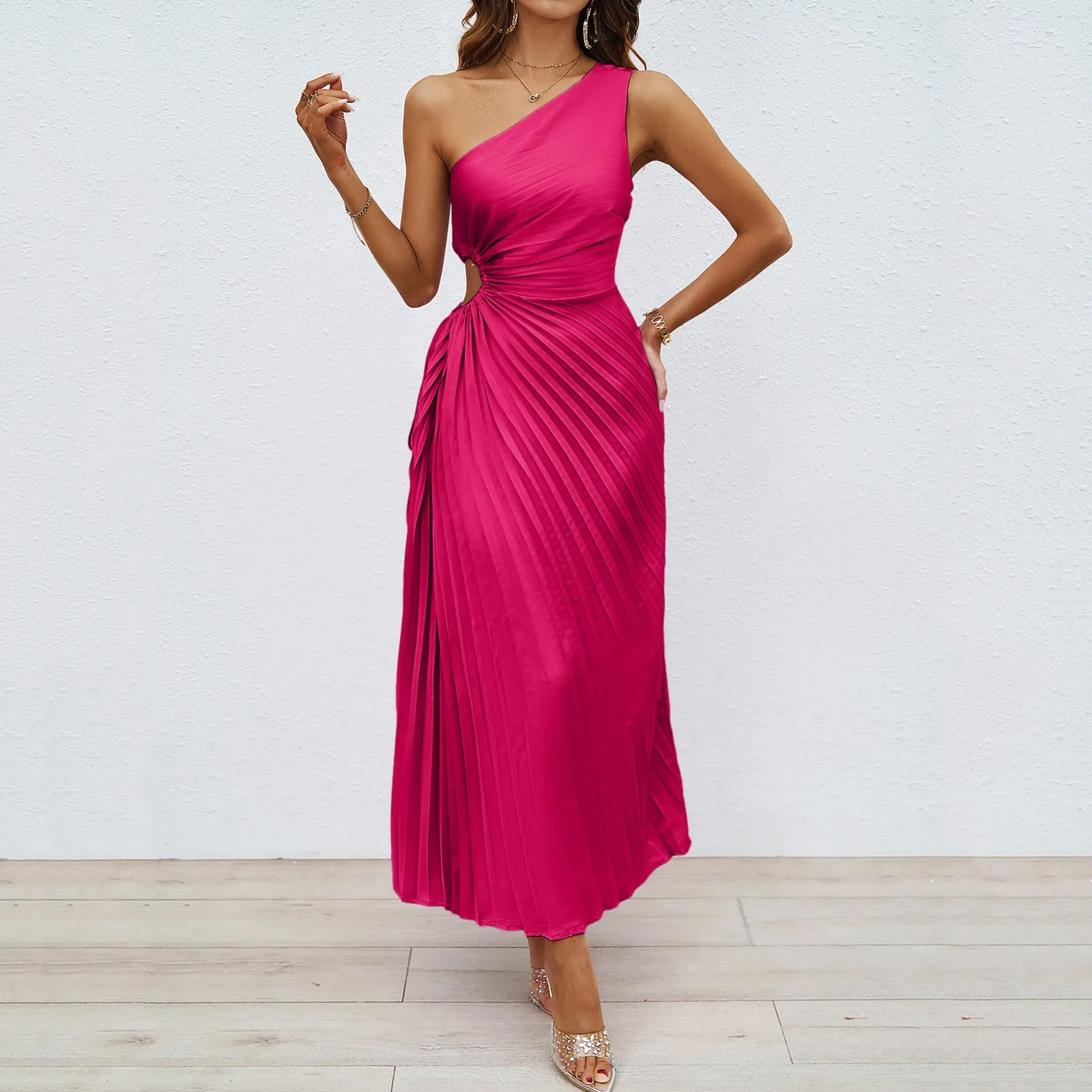 Sexy Dress One Shoulder Hollow Out Asymmetric Female Solid Color Slim Fit Evening Dress Elegant Slant Collar Pleated Beach Dress