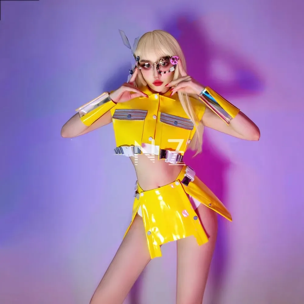 Damesrok en topset Geel Lasergesneden dansteamkostuum Sexy Jazz Girl Group Nachtclub Podium Gogo Performance Rave Outfit