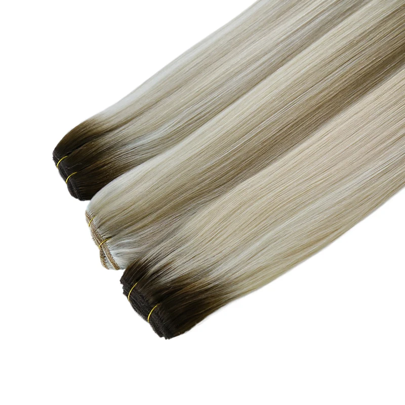 Fasci di capelli umani vergini lisci estensioni trama dei capelli Ombre colore biondo 100g cucire In pelle brasiliana naturale setosa doppia trama