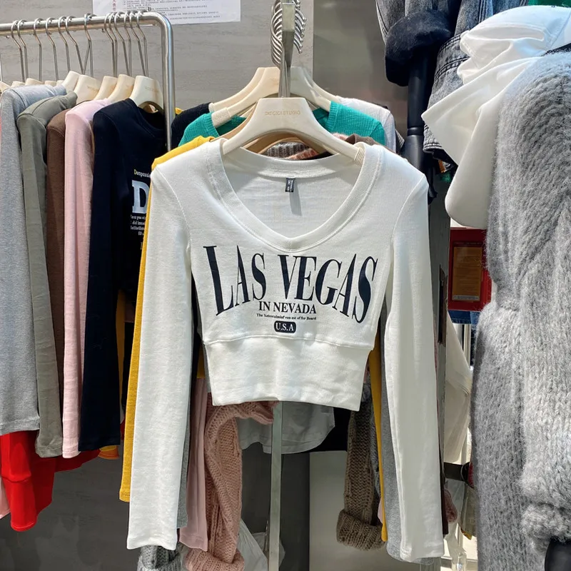 

Brand Women's Short Sleeve Long T-Shirt Letter Pattern Versatile Slim Fit Commute Style Korean Version V-Neck Spring Season