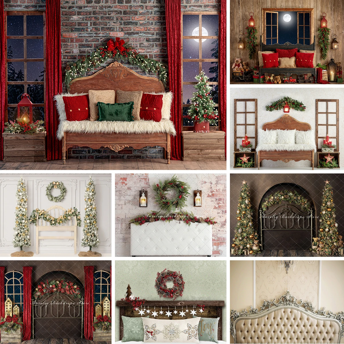 

Christmas Bedroom Backgrounds Kids Adult Photography Props Child Baby Headboard Decors Xmas Tree Wreath Photo Backdrops