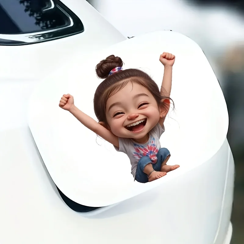 2D Flat 1Pc High Bun Cheerful Girl With Raised Fists Waterproof Vinyl Sticker For Car Laptop Water Bottle Window Decor