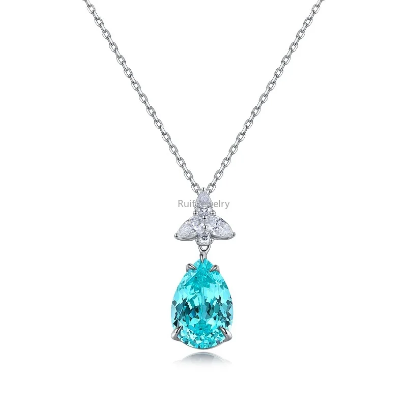 

Ruif 925 Sterling Silver 9.53ct Pear Lab Grown Paraiba Pendant Necklace for Women Engagement Fine Jewelry Platinum Plating