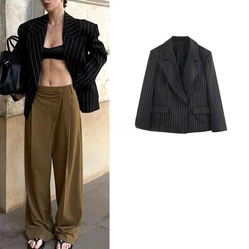 

Новый зимний женский приталенный длинный све све с отложным воротником, повседневный свободный полосатый костюм Jaet, двубортный из полиэфирного волокна
