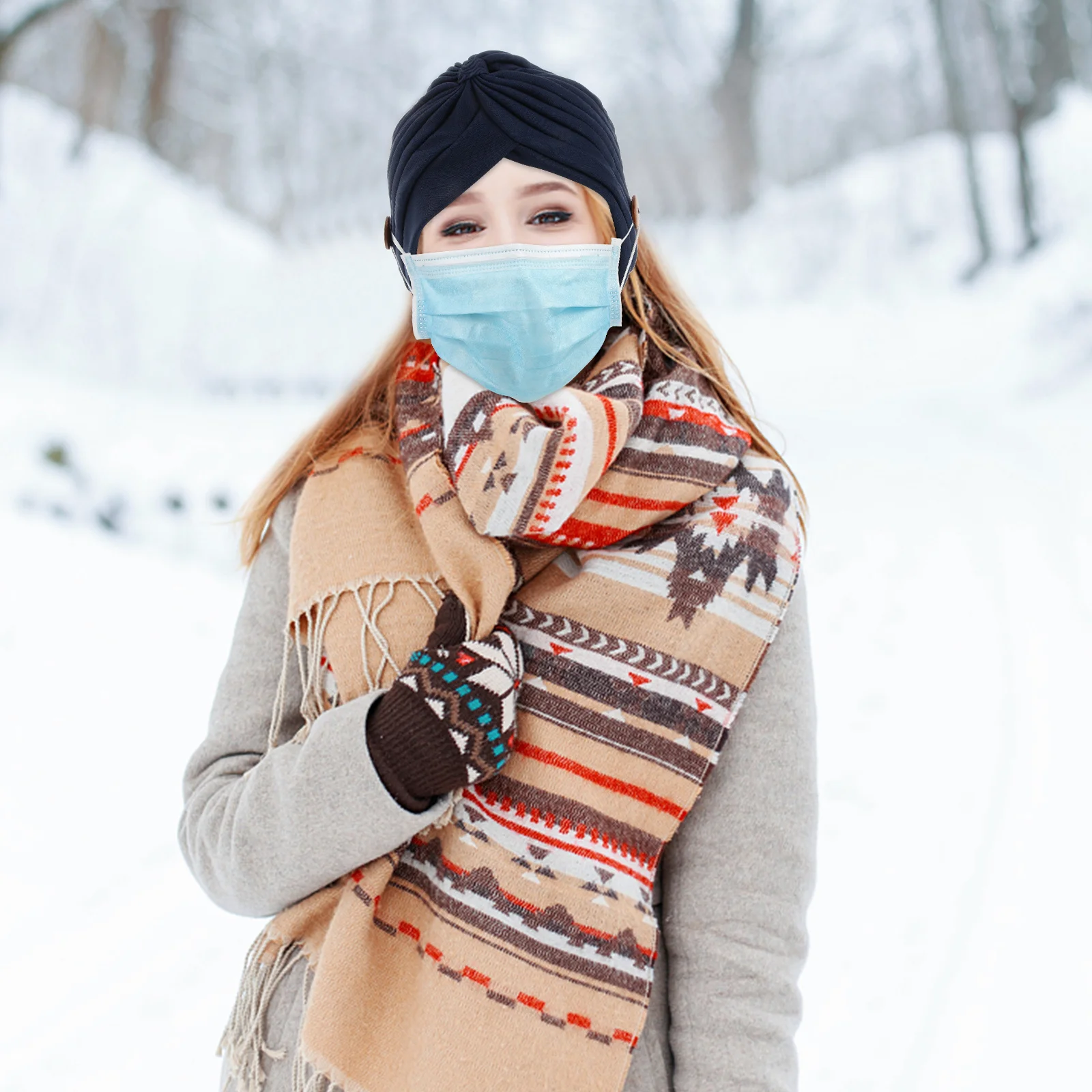 

Navy Women Wrap Cap Lightweight Polyester Stretch Chemotherapy Hat Button Non-Slip Headwrap Sweat Absorption Breathable Hair