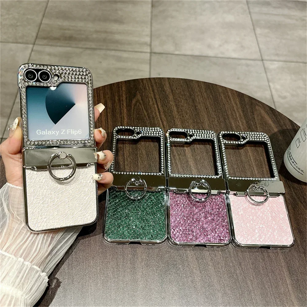 

For Samsung Galaxy Z Flip 6 5 4 3 Luxury Leather Glitter Diamond Finger Ring Bracket Case Fold Hinge Case for Samsung Z Flip 6 5