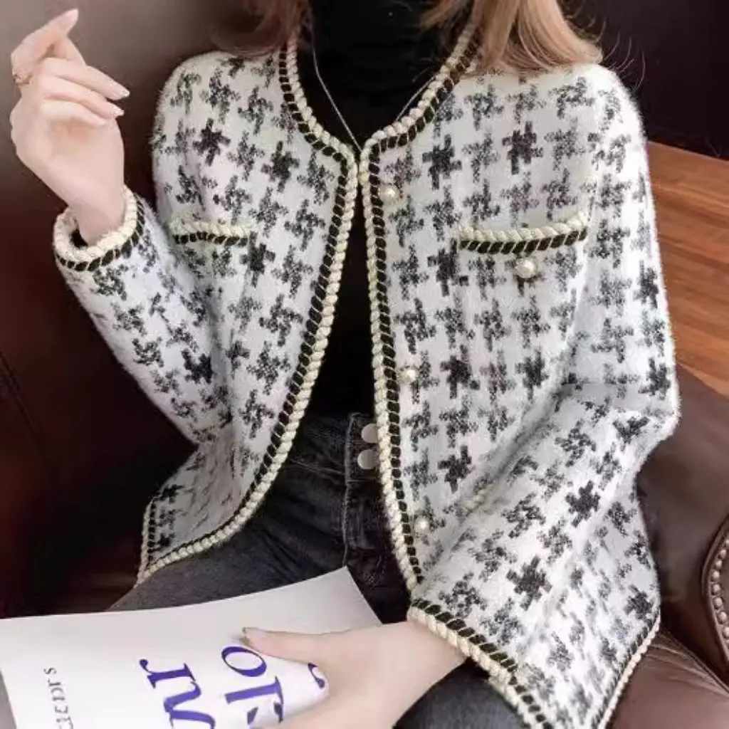 - مستوحاة المرأة معطف قصير تقليد المنك المخملية houndstooth منقوشة سترة النمط الغربي الخريف الشتاء سترة نسائية