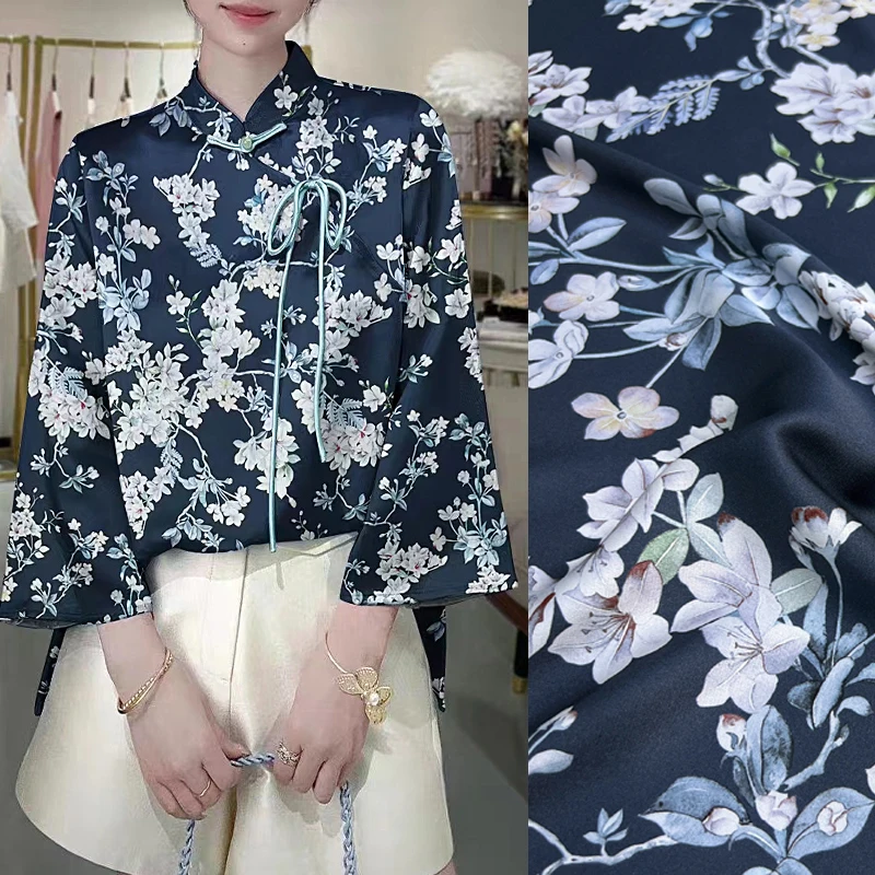 White Floral Print on Black Blue Silk Satin Fabric 140CM Wide 20MM Silk Spandex Summer Dress Shirt, Stretch Smooth Fabric D1483