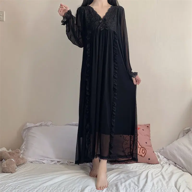 Black Mesh Spring Nightgown Women V-Neck Lace Crochet Long Night Dress Loose Casual Homewear Transparent Vintage Elegant Sexy