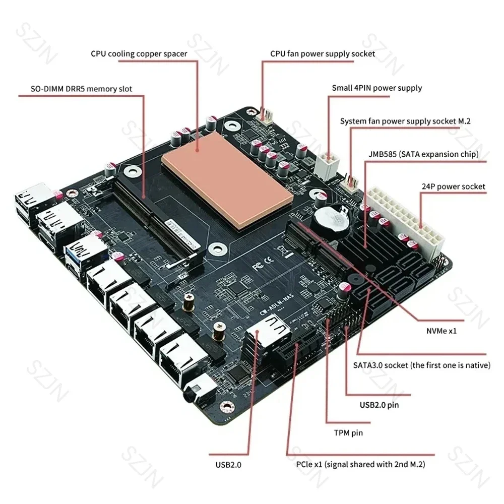 Imagem -03 - Nas Motherboard Placa-mãe Redes 2.5g Sata 3.0 M.2 Nvme 115x Radiador Itx Placa-mãe N100 6-bay