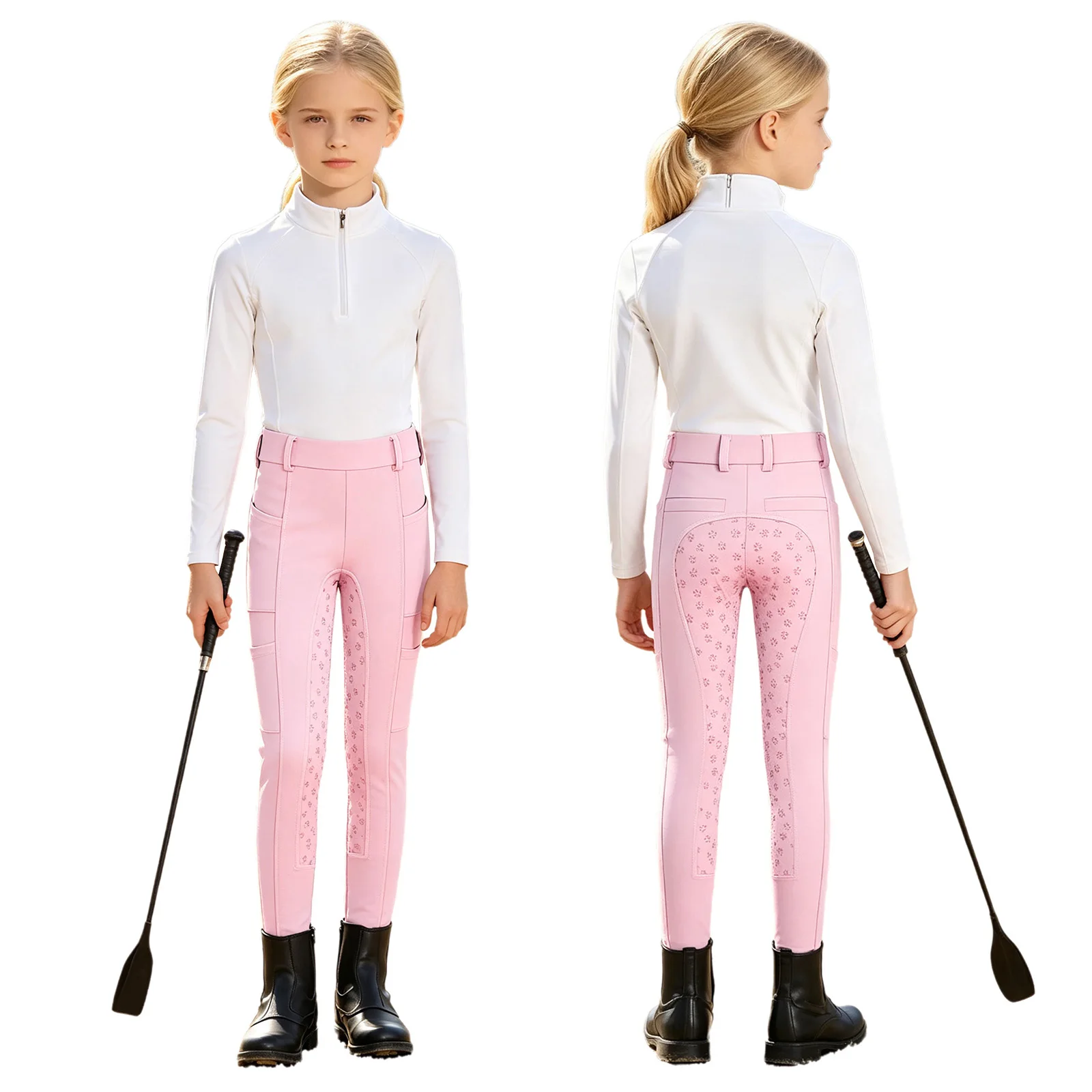 Children Boys Girls Equestrian Training Performance Breeches Pants Anti-slip Full Seat Multiple Pockets Horse Riding Leggings
