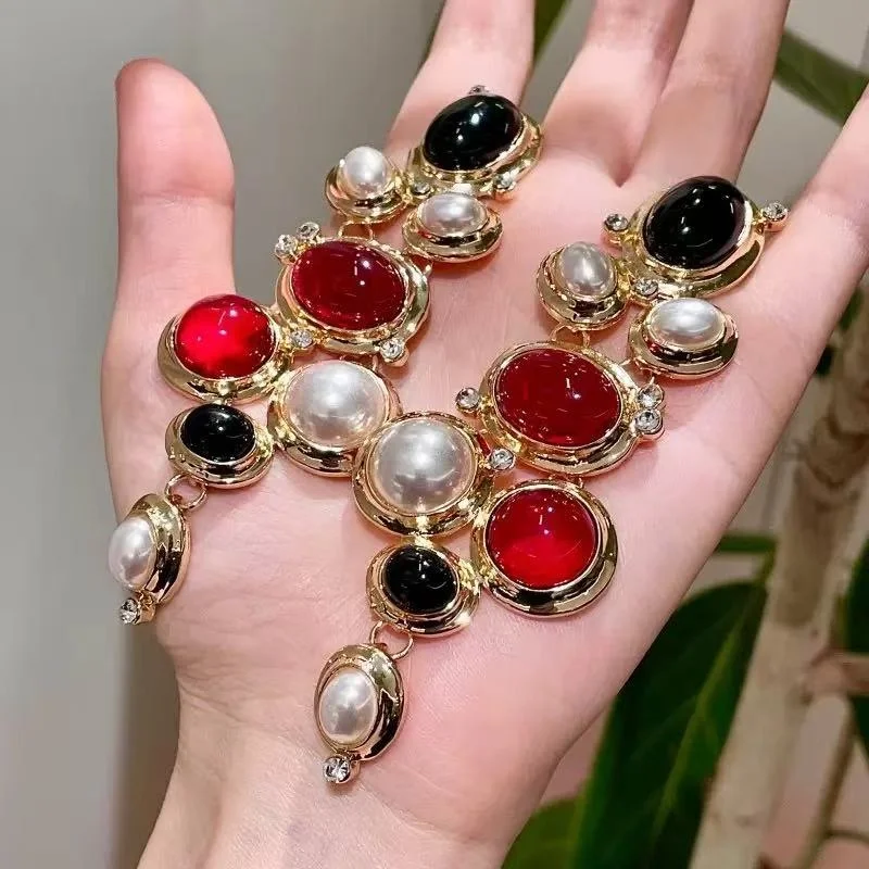 Antique Small Fragrance Style Metal Ruby Earrings for Women Suitable Exaggerated Pearl Ear Jewelry for Banquet Parties