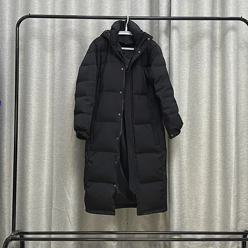 Coreano inverno preto longo para baixo jaqueta feminina manga longa térmica puffer casaco casual com capuz de escritório-senhora bolso casaco