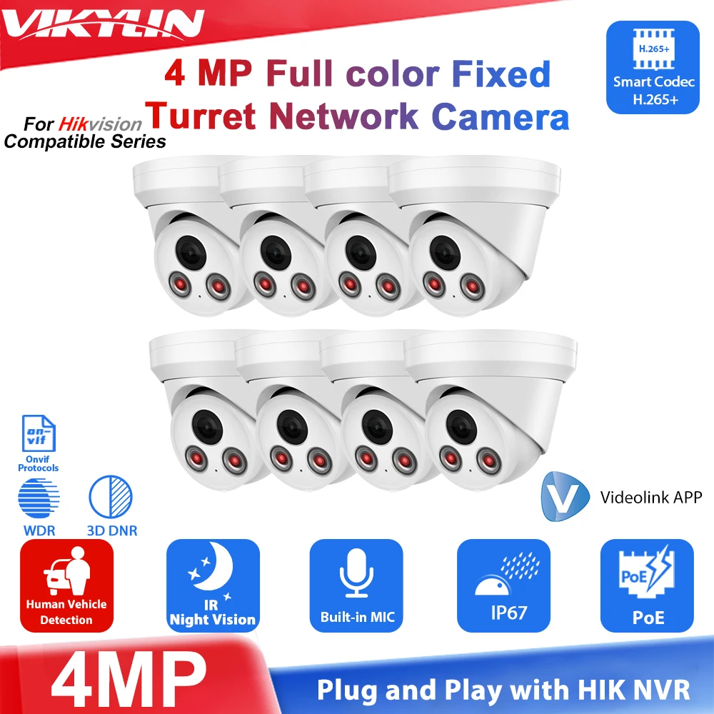 Vikylin Hikvision Compatible 2k 4mp full color night Vision POE IP Camera With MIC CCTV Onvif Outdoor Video Surveillance Camera