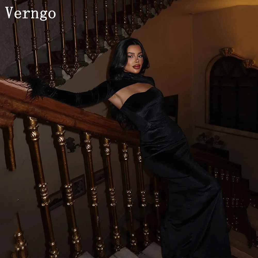 

Verngo Black Satin Evening Dress 2 Pics Formal Ocaasion Dress Mermaid Maxi Sexy Saudi Arabia Prom Party Dresses Customized