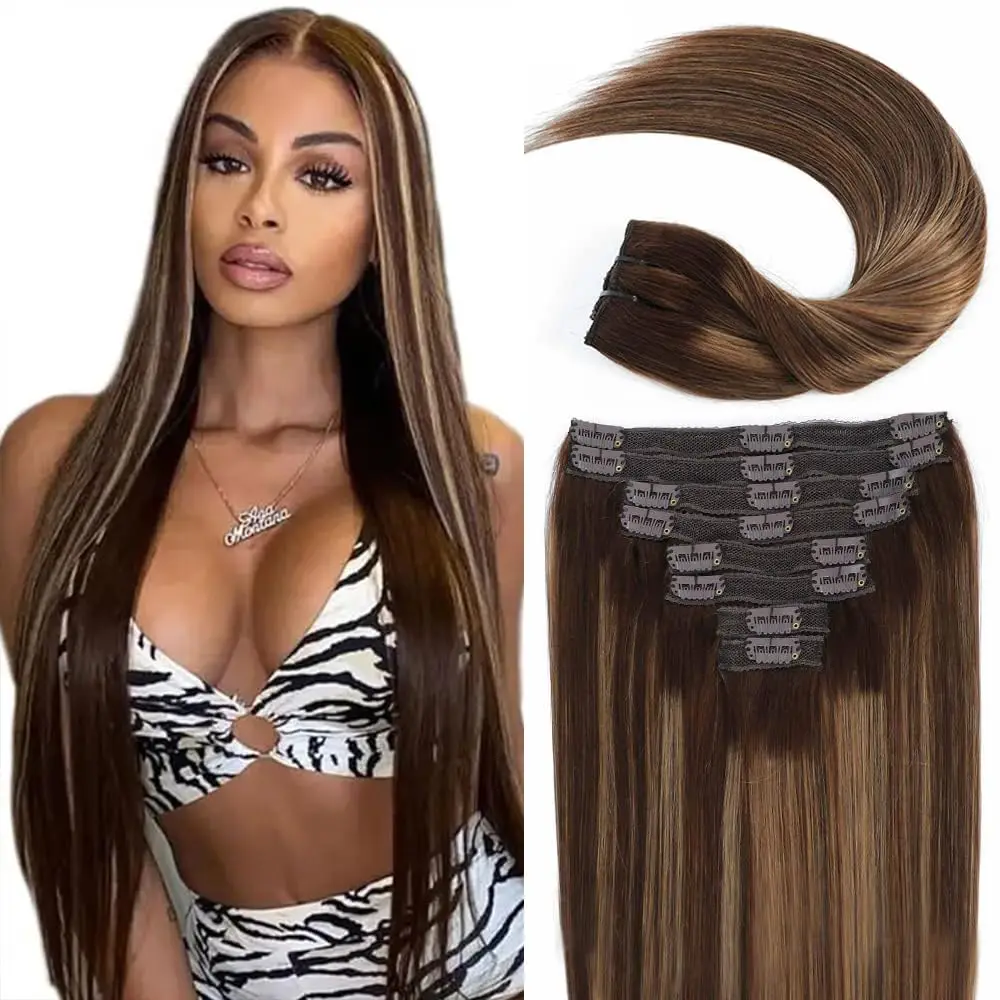 8 Pcs P4/27 Highligh Straight Hair Clip In Hair Extensions Human Hair 100% Unprocessed Brazilian Remy Virgin Human Hair