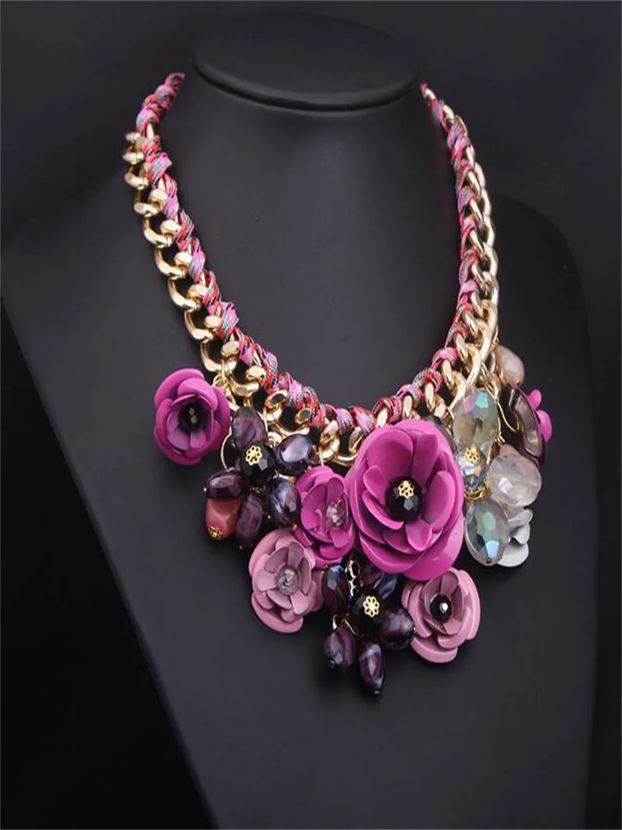 Colorful flower jewel pendant cotton rope woven necklace