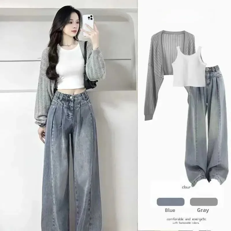Summer Knitted Cardigan Outerwear Denim Wide Leg Pants Three Piece Set Women's Gentle Style Korean Version College Feel