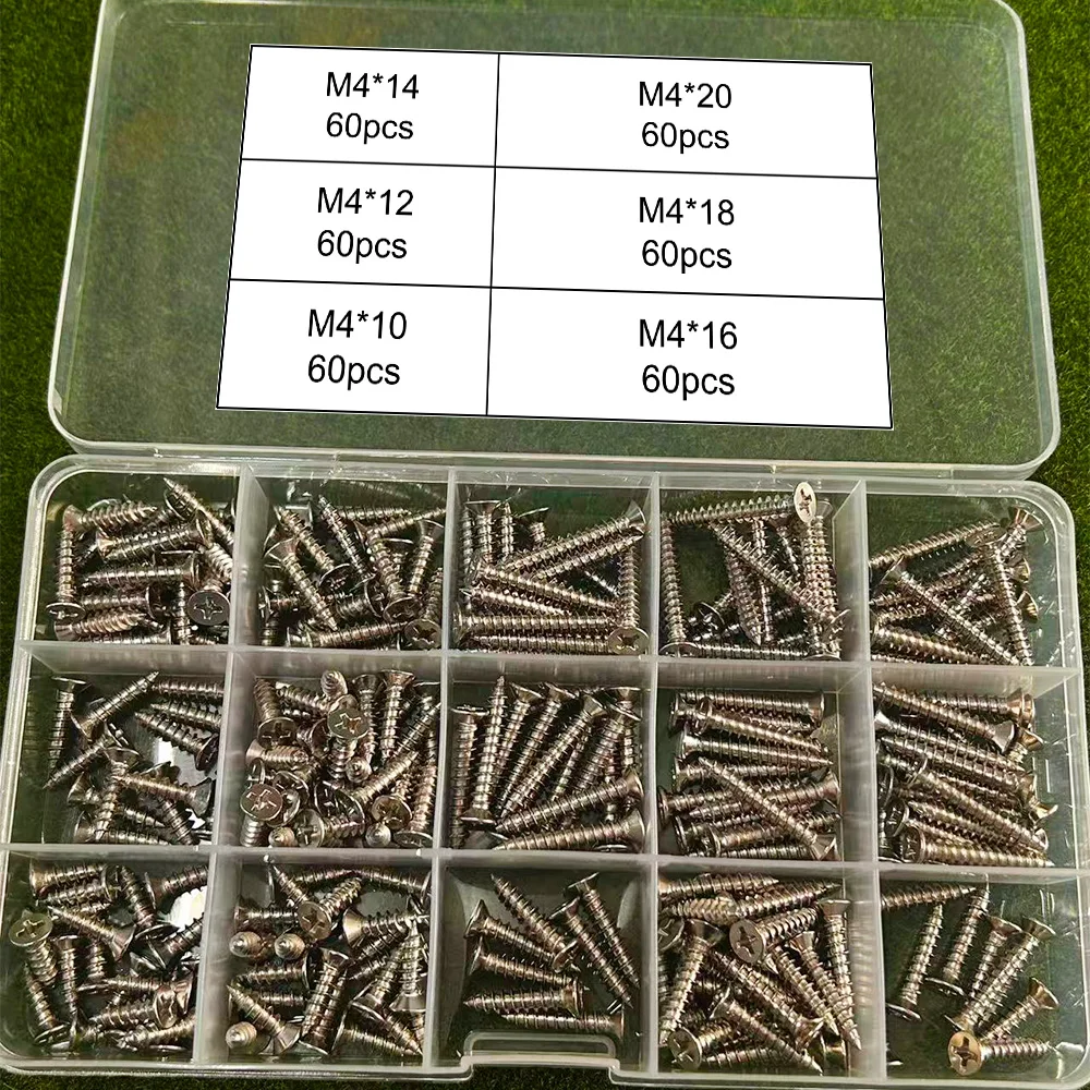 360 PCS M4 Stainless Steel Self‑Tapping Screws, 10mm‑20mm, Ideal for Household Spare Use