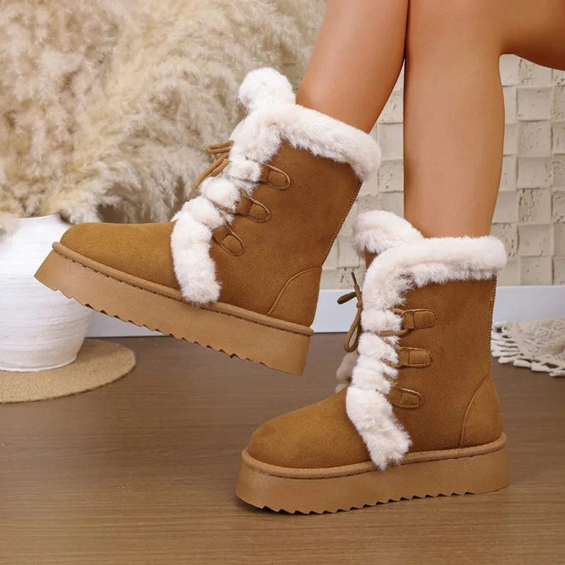 2025 العلامة التجارية الجديدة كبيرة الحجم أحذية الثلوج للنساء أزياء من الدانتل متابعة مسطحة القاع سميكة أحذية الثلوج مريحة غير رسمية أحذية الشتاء