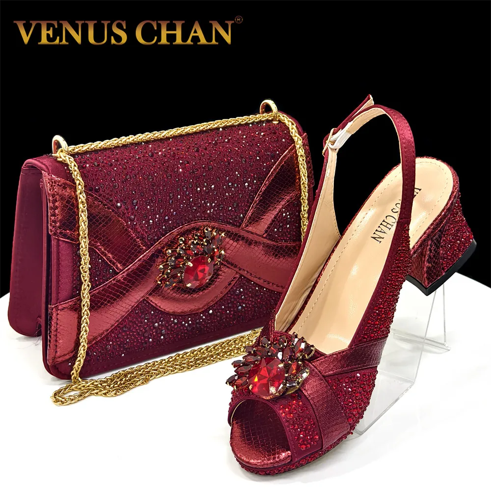 2025 Elegant Women's Peep-Toe Heels and Matching Wine Color Diamond Pumps Set - Stylish Italian Shoes and Bags for Parties