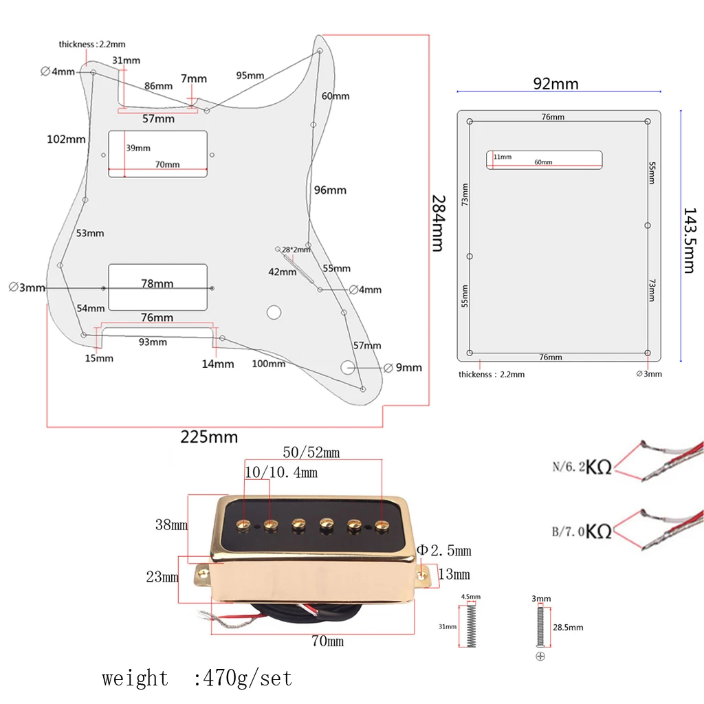 HH Loaded Pickguard White 3PLY Plastic Humbucker Guard for ST Strat Electric Guitar Mod Kit