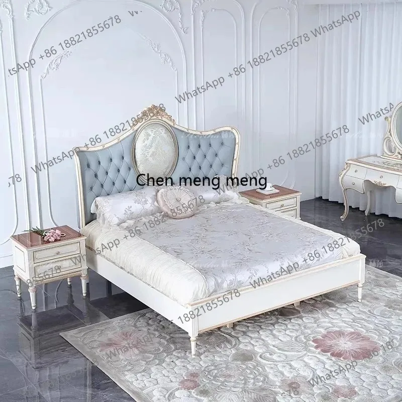 

K153 K153 Французская кожаная кровать синего цвета с мягким изголовьем, с пряжками, ручной росписью, из массива дерева, для главной спальни, двуспальная кровать