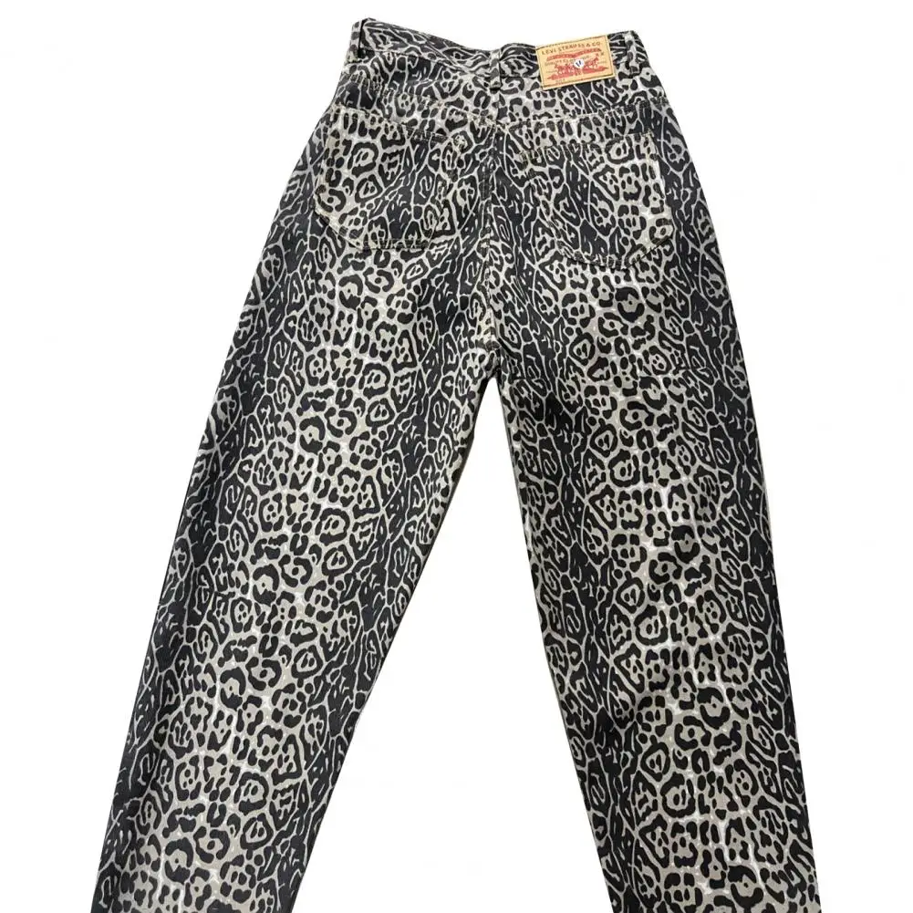 

Retro Jeans Leopard Print Wide Leg Jeans for Women Men Retro Streetwear Denim Trousers with Hop Pockets Zipper Closure Denim