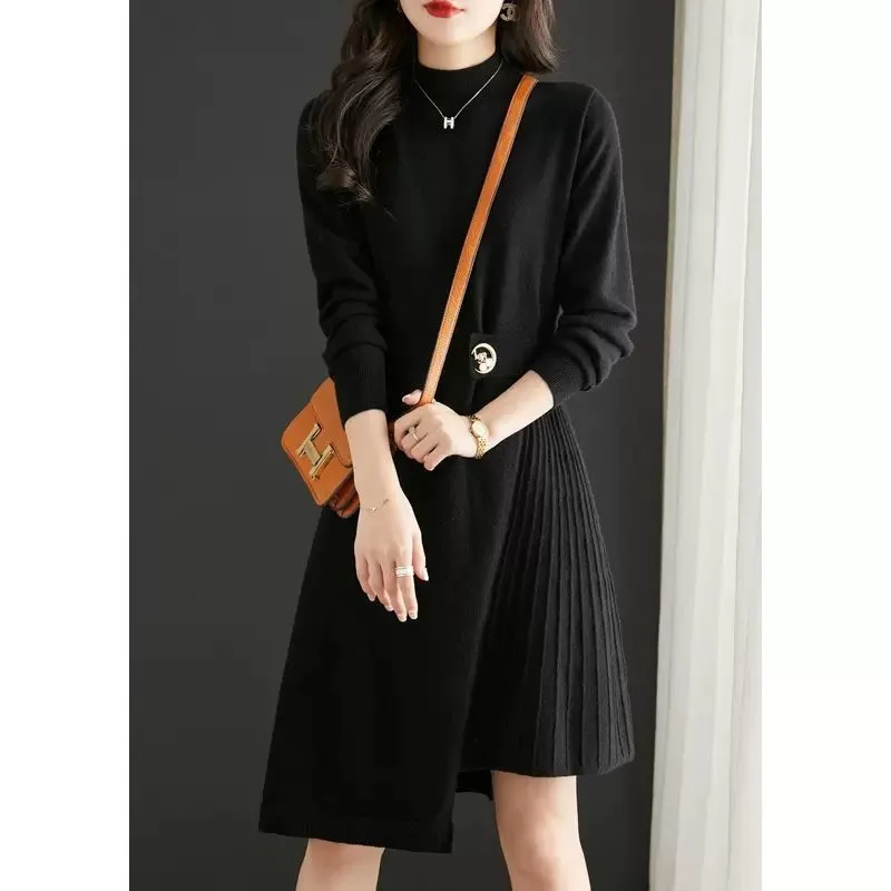 Plus Size Sweater Skirt Women\'s 2025 New Female Dress In Autumn  Winter Long Semi-high Neck Slim Versatile Knit  Vestidos
