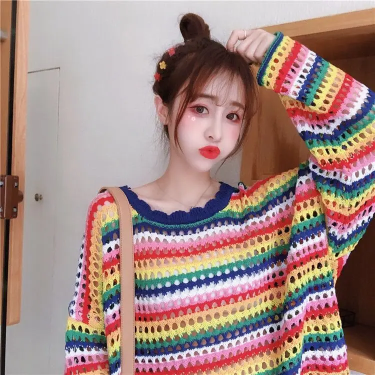 Summer Loose Thin Smock Top Rainbow Striped Sweater 2023 New Long Sleeve Sun Protection Clothes for Women