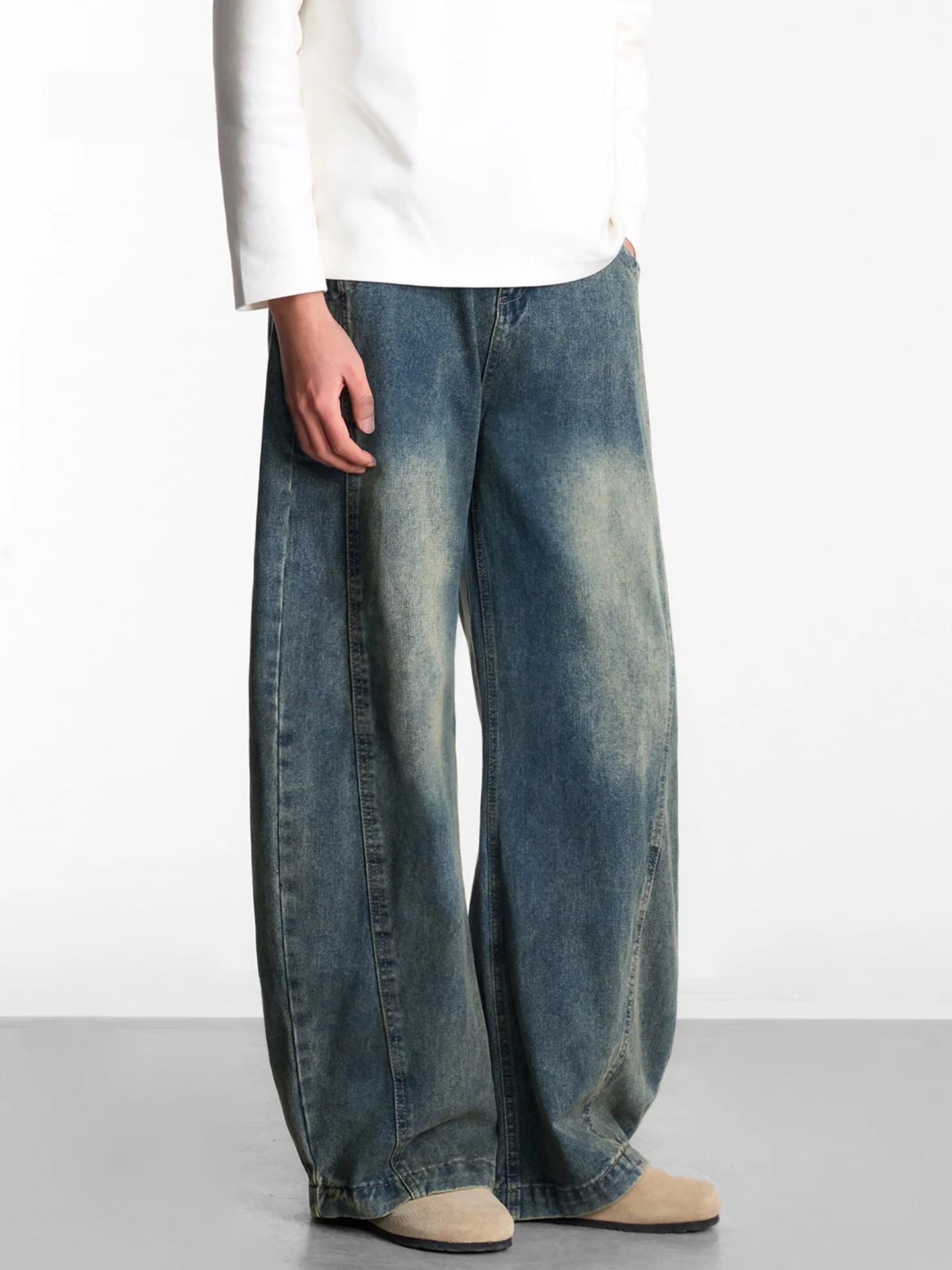 

Cleanfit American Style Men's Straight Leg Jeans Washed out Loose Wide Leg Long Trousers Fashionable High Street Brand