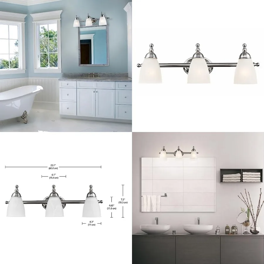 

50783 23" 3-Light Vanity Light, Satin Nickel, Alabaster Glass Shades, Beauty Room Accessories, Bathroom Lights Over Mirror, Mak