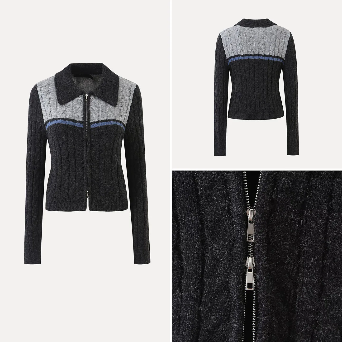 Women's Fashionable Retro Patchwork Zipper Collar Knitted Open Cardigan Autumn 2026 New Arrival Versatile Personalized Style
