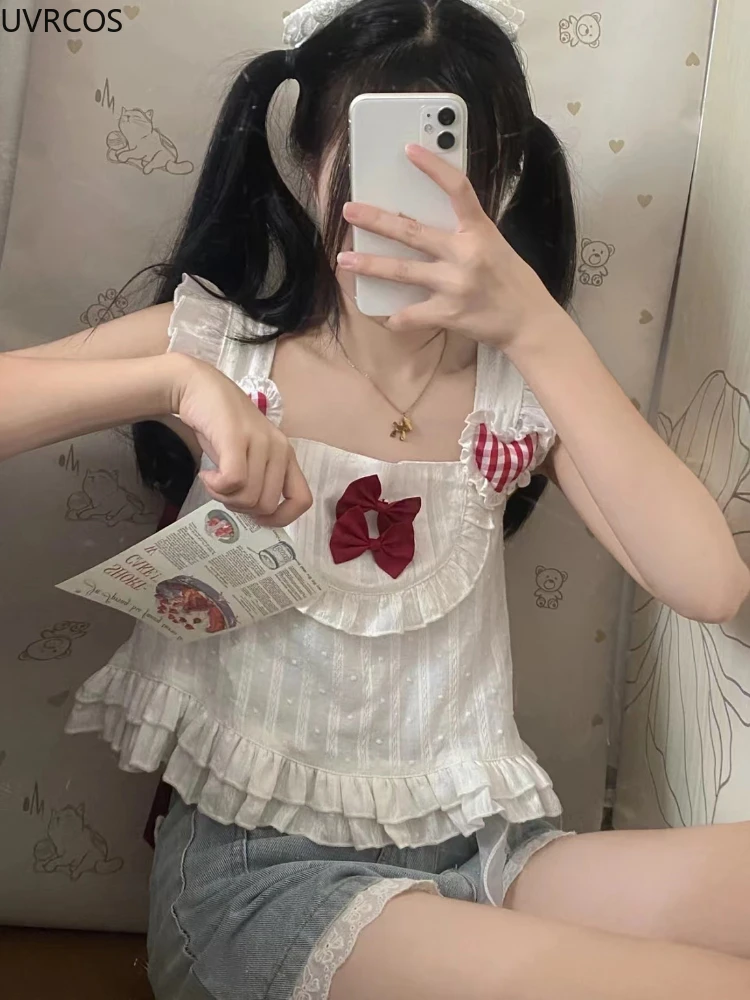 شيك الأبيض لوليتا تانك توب جرلي الحلو اليابانية لطيف كبير القوس المحاصيل Vset المرأة عادية مثير شاطئ بروتيل Harajuku Kawaii الملابس #4