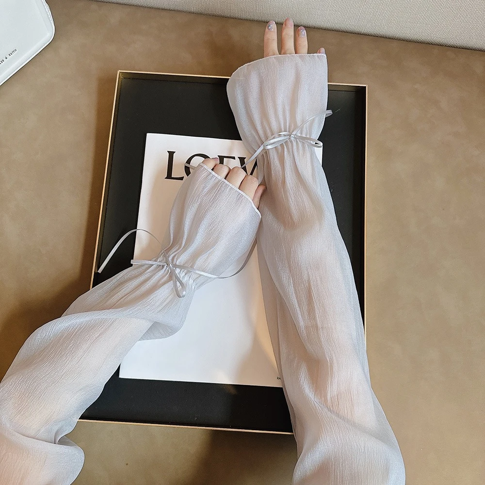 

2pcs/set Sun Protection Bow Gauze Sleeves Fingerless Thin Breathable Long Arm Sleeves Polyester Sweet Yarn Arm Sunscreen Covers