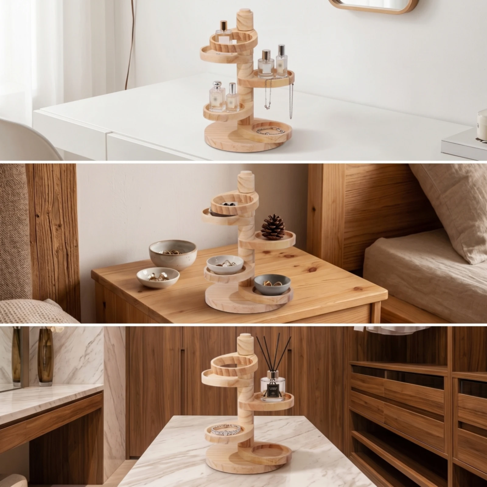 Wooden Organizer with Trays Tabletop Rotating Display Stand Rotating Organizer Compact Multi-Tier for Vanity, Dresser
