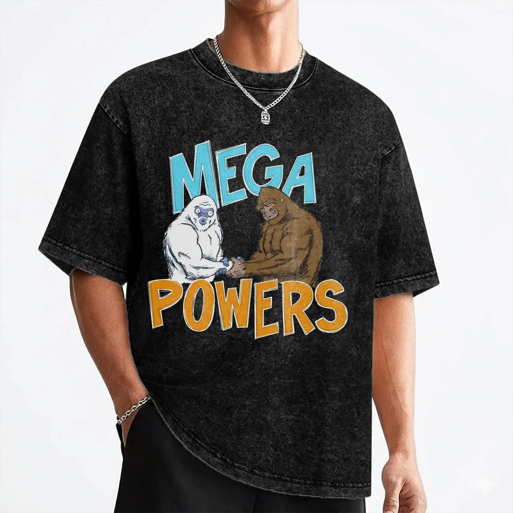 Bigfoot and Yeti Mega Powers T Shirts Washed Short Sleeve Oversize T-Shirt Sasquatch for Men Women Streetwear Summer Tee Shirt