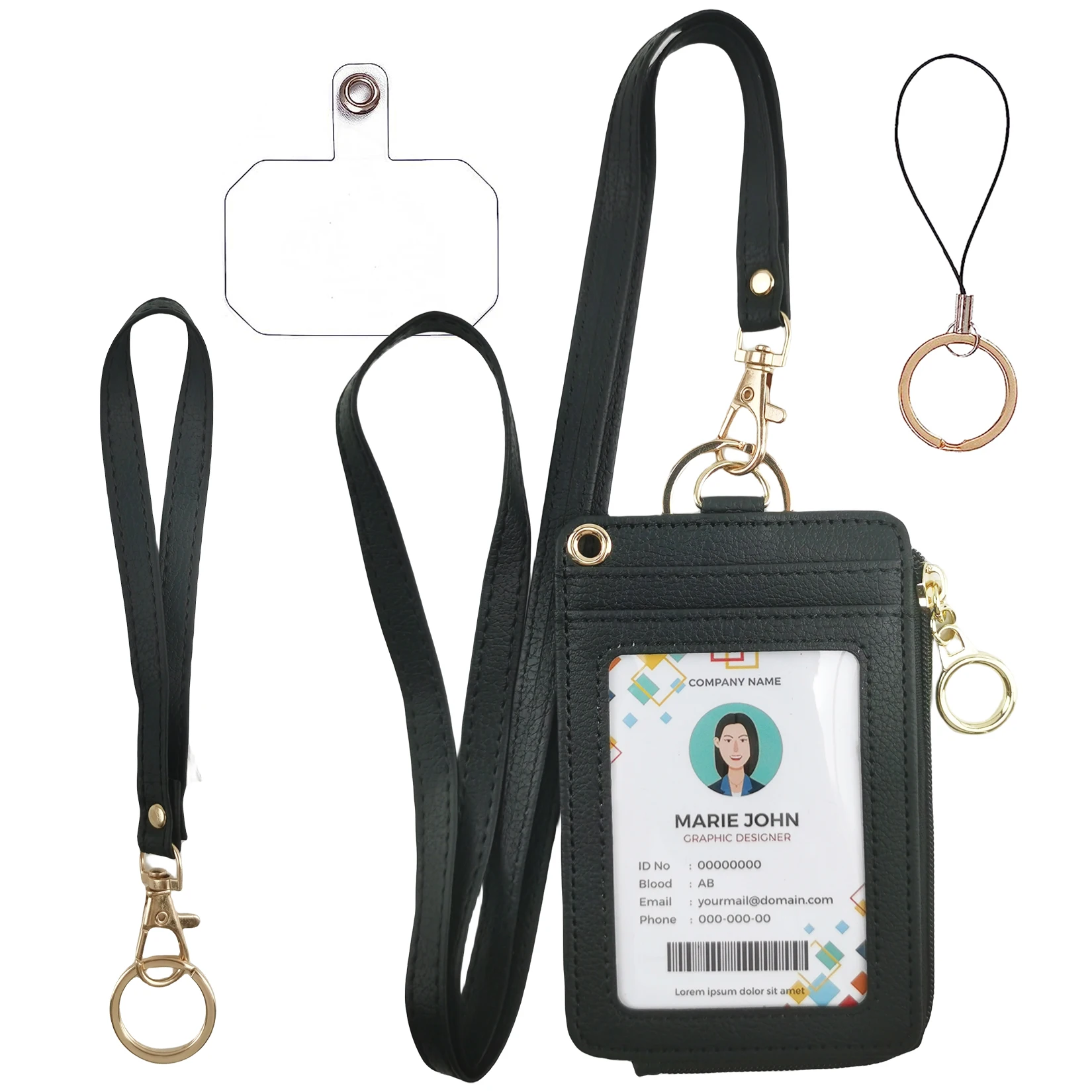 

Black ID Badge Holder with Lanyard, Vertical PU Leather ID Badge Card Holder with 1 Clear ID Window, 4 Credit Card Slots and a D