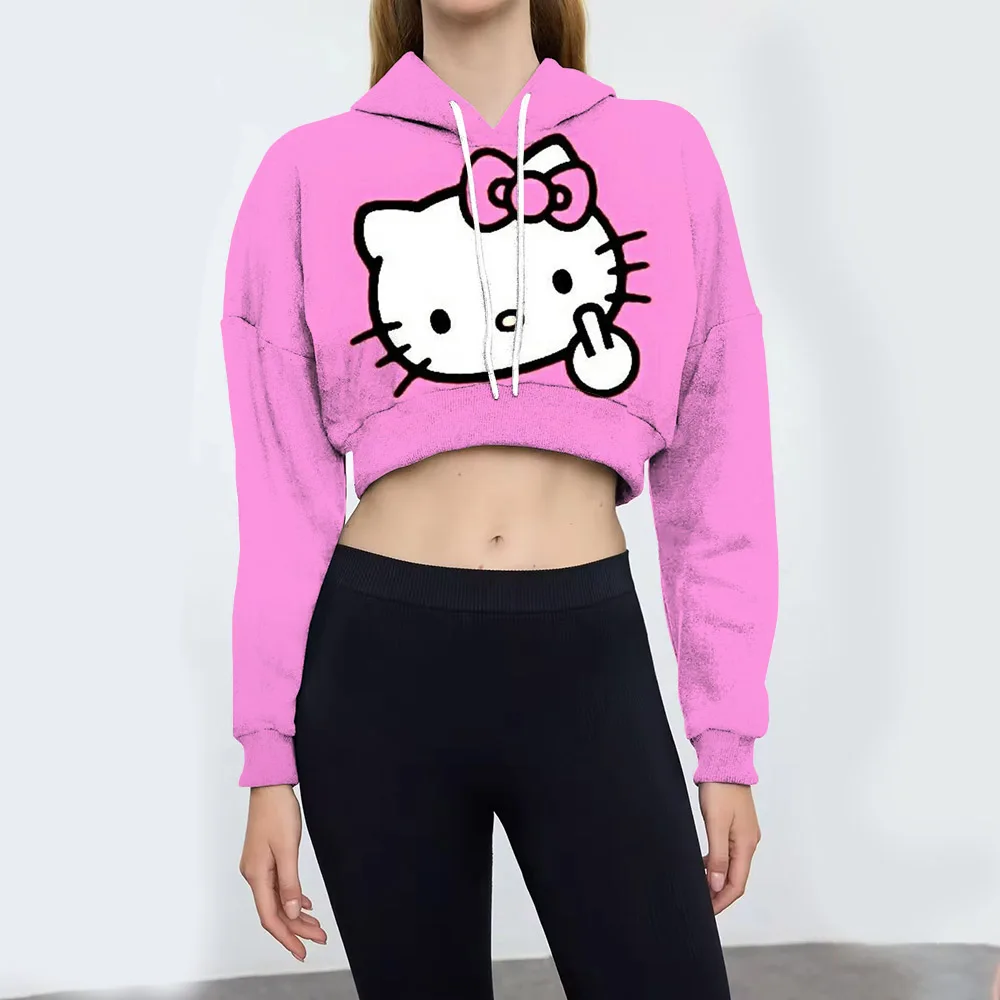 

Fashion Female Hoodie Personality Hello Kitty Kuromi print Crop Ultra Short Style Long Sleeve Top Autumn New Female Sweatshirt