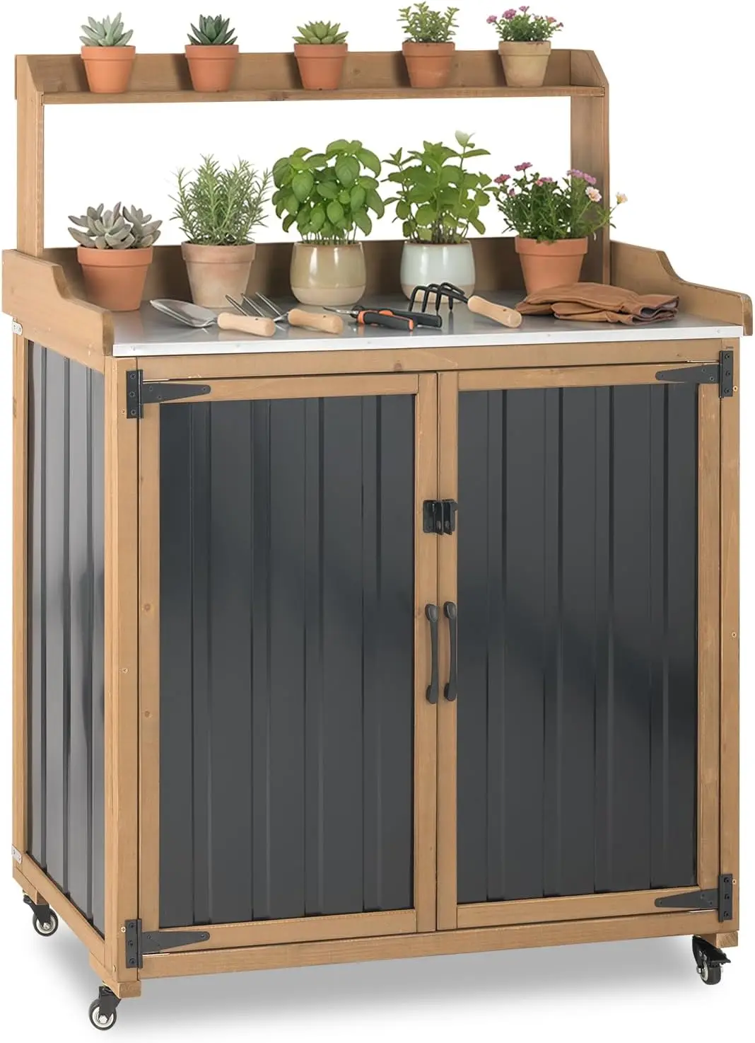 Potting Bench Table Outdoor Storage Cabinet Lockable Wheels Adjustable Shelves Mobile Waterproof Metal Top Workstation Garden Patio BBQ Organization Magnetic Latch Edge Guard