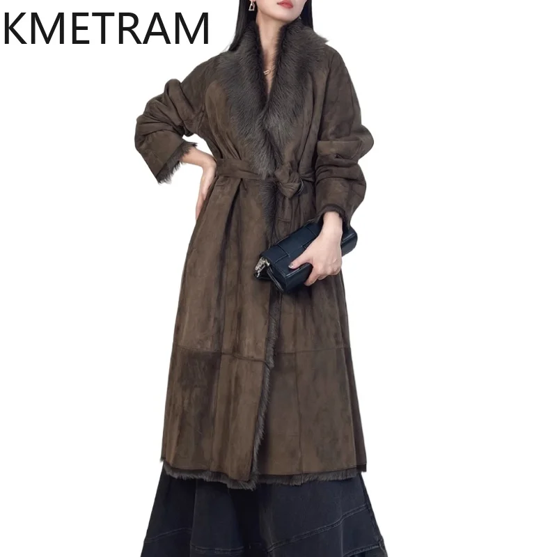 천연 염소 가죽 양모 양면 모피 코트 여성 고품질 긴 스타일 리얼 모피 자켓 겨울 여성 의류 2025 abrigos