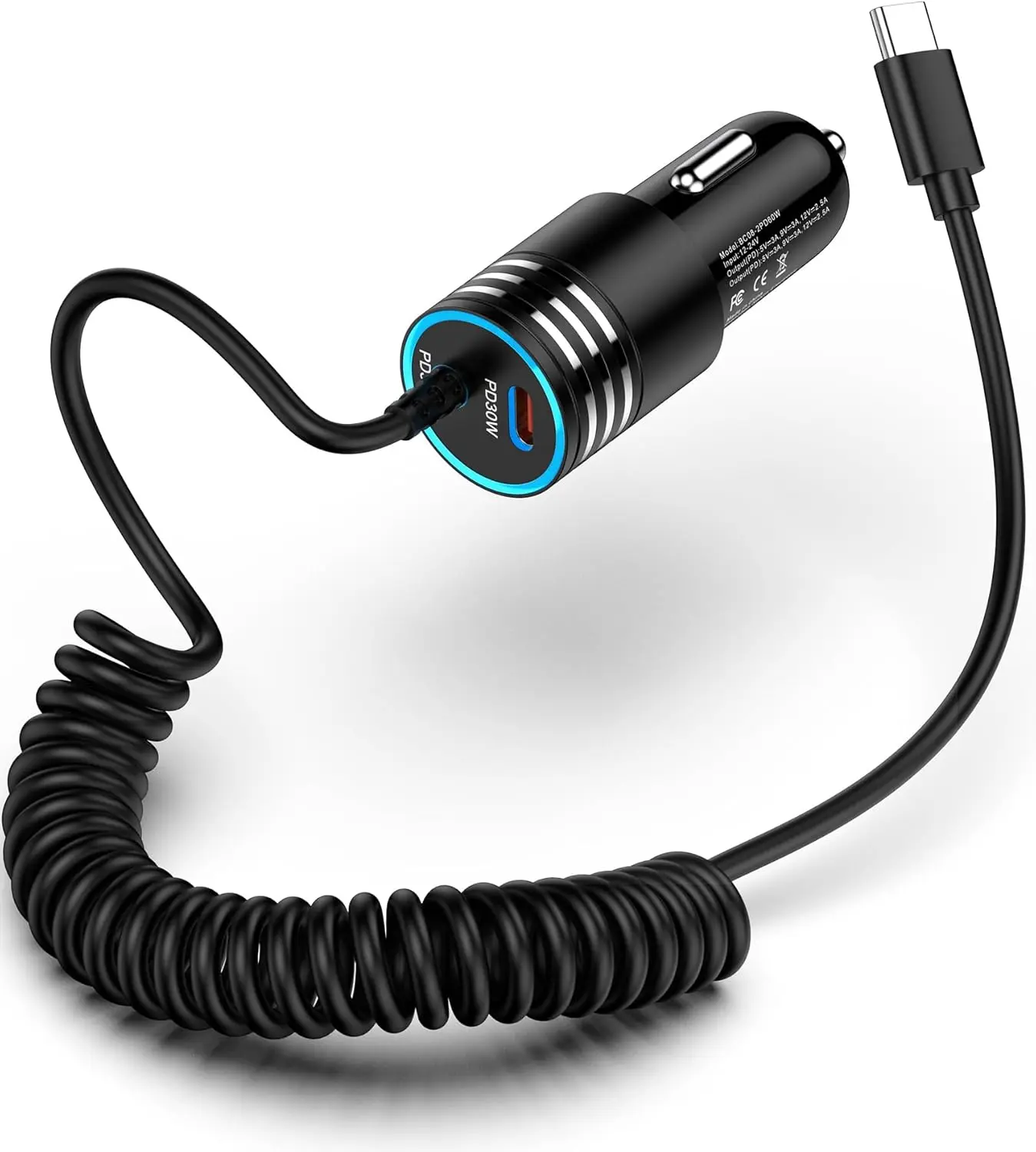

60W Dual PD USB C Car Charger with Coiled Cable for iPhone 17/16/15, Samsung Galaxy S26/S25, Google Pixel 10/9, iPad
