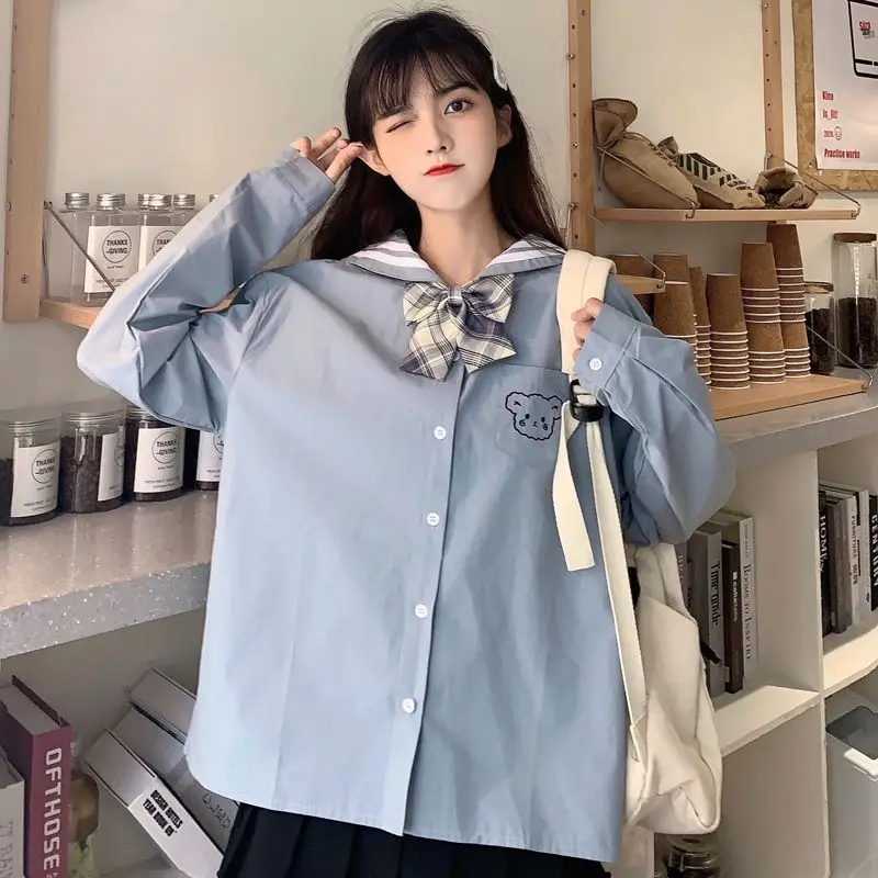 

Loose Long Sleeve Blue Shirt with Bow Tie for Women Casual Style Student Fashion Spring Autumn New Arrival JK Uniform