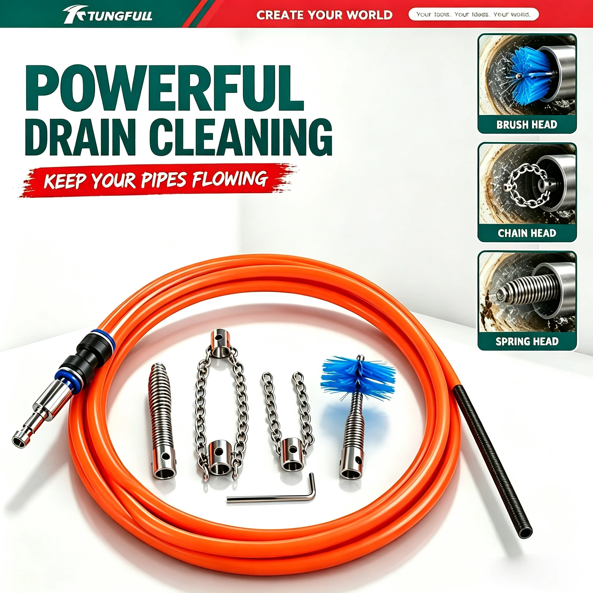 TUNGFULL 5meters Sewer Dredge Cable Manual Hand Crank Drain Auger with Chain Brush for Toilet Pipe Clog