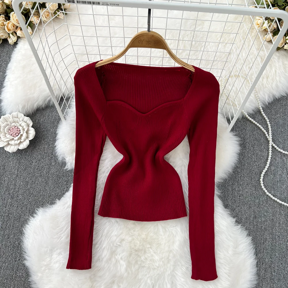 

Autumn Winter Solid Color Long Sleeve Knitshirts Women Korean Square Collar Slim Pullover Sweater Leisure Bottoming Tops