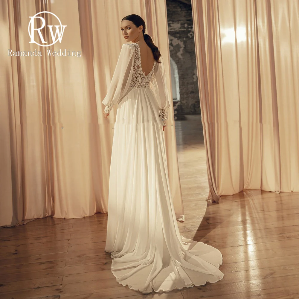 

Ramanda Classic V-Neck Puff Long Sleeves Lace Appliques Chiffon A-Line Wedding Dress For Bride Backless Vintage Vestido De Novia