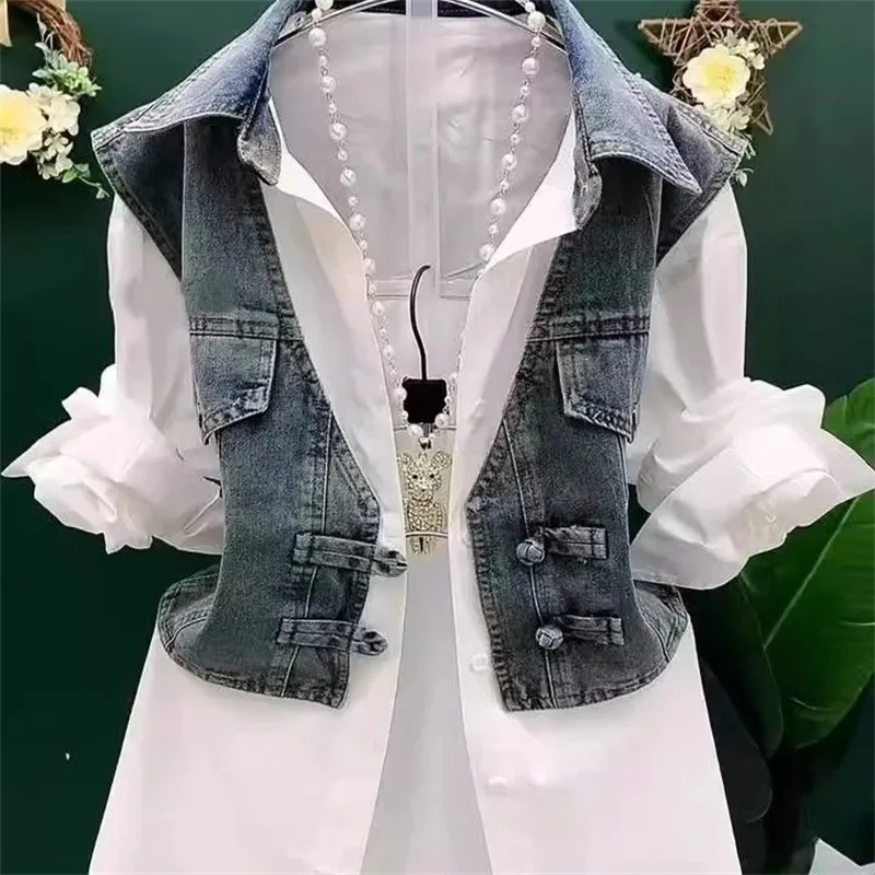 Cowboy Vest Patchwork Summer Shirt Fake Two-Piece Shirt Women's Cowboy VPolo Collar Denim Jacket Autumn Button Spring Shirt Lady