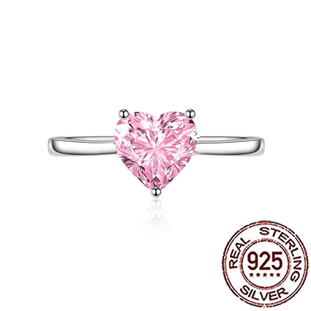 CWWZircons 925 Sterling Silver 1CT Pink Heart Shape CZ Stone Wedding Band Promise Rings for Women Fine Jewelry Lover Gifts SR046